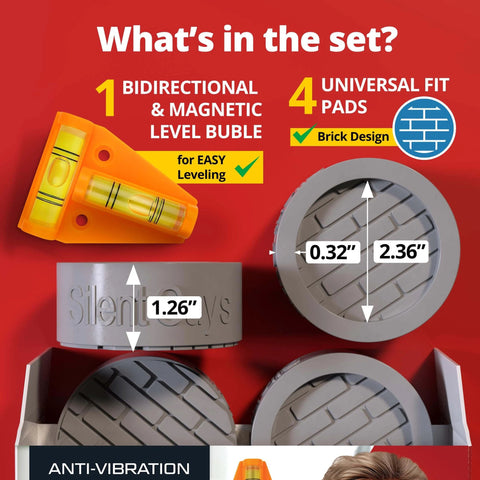 Set includes bidirectional magnetic level bubble and four universal fit pads with brick design, dimensions shown.
