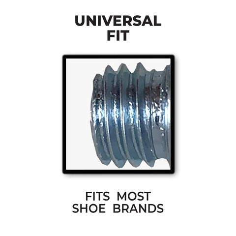 Close-up of a steel-threaded half inch black football stud showcasing universal fit label for shoe compatibility.