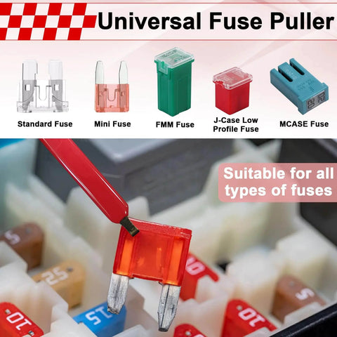 Universal Fuse Puller tool extracting a J-Case Low Profile Fuse from a car fuse box, compatible with various automotive fuses.