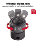 Universal Impact Joint Cr Mo Steel showing 3/8 Inch Drive Swivel Adapter for tight spaces in automotive repair