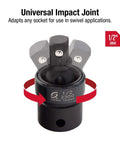 Universal impact joint adapter for 1/2 inch drive in swivel applications, showing rotation arrows and sockets.