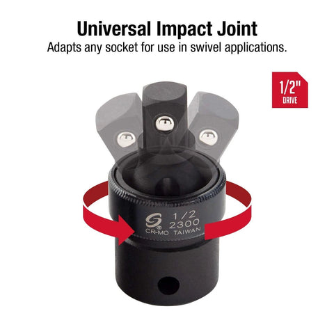Universal impact joint adapter for 1/2 inch drive in swivel applications, showing rotation arrows and sockets.
