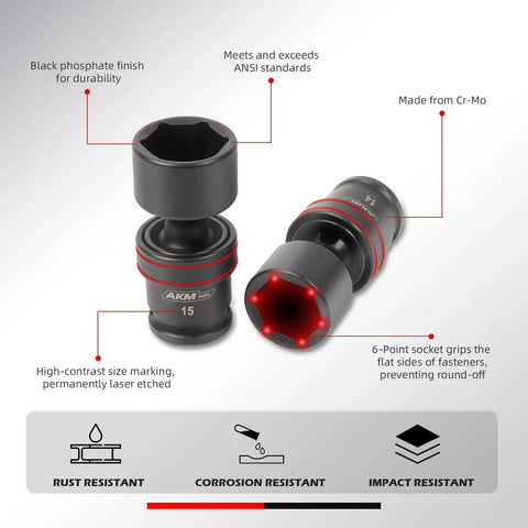 Three Eighths Inch Drive Universal Impact Socket Set, AKM TOOL, Cr-Mo Steel two sockets with laser-etched markings and annotations.