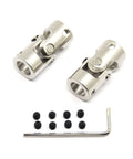 Two 10mm to 10mm universal joint shaft couplings with screws and hex wrench for motor use.