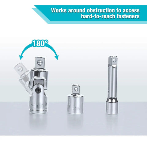 22 Piece Drive Tool Accessory Set With One Quarter Inch, Three Eighths Inch, And One Half Inch Extension Bars Spark Plug Sockets Universal Joints Socket Adapters And Cr V Steel Tools In An EVA Foam Case Built Tough For Pros, including 180-degree pivot joint and extension bars displayed.