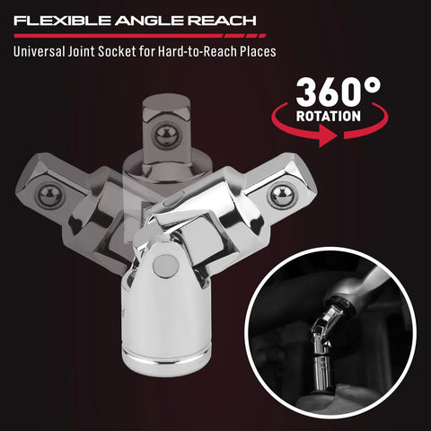 Four Piece Three Eighths Inch Drive Socket Extension Bar Set With Three Six And Ten Inch Extensions And Universal Joint Sockets Chrome Vanadium Steel Construction showcased with 360-degree rotation flexibility for auto repair and home improvement.