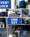 Collage of blue locks showing Short Puck Hasp Mount For Vans And Sheds With Extra Security Features, installed on various setups.