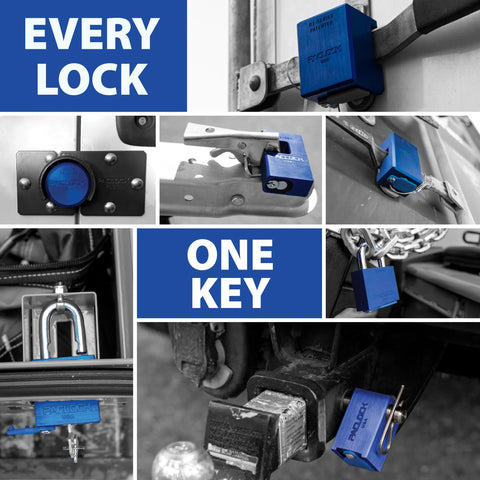 Collage of blue locks showing Short Puck Hasp Mount For Vans And Sheds With Extra Security Features, installed on various setups.