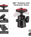 Universal Quarter Inch Swivel Mini Ball Head Tripod Mount With Hot Shoe Attachment for DSLR Cameras shown with 360-degree rotation feature.