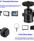 Universal Quarter Inch Swivel Mini Ball Head Tripod Mount With Hot Shoe Attachment, shown with 1/4-inch threaded devices and cold shoe base.