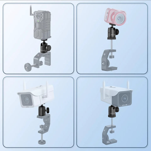Universal Mini Tripod Ball Head With One Quarter Inch Screw In Stainless Steel And Aluminum Alloy 360 Degree Pan And Ninety Degree Tilt Quick Lock Knob Mount Base Adapter Compatible With ATL3500 ATL4500 And ATL330 Camera Monopods Camcorders And Lights displaying various camera setups.