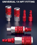 Sixteen Piece Universal Air Hose Fittings And Quick Connect Kit For Air Compressors with NPT couplers and plugs displayed.