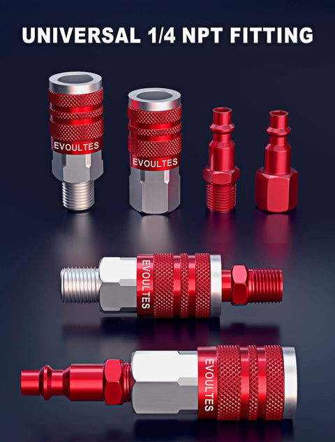 Sixteen Piece Universal Air Hose Fittings And Quick Connect Kit For Air Compressors with NPT couplers and plugs displayed.