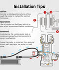 Installation diagram for Universal 30 Row Oil Cooler With 10AN Stacked Plate Design for engine cooling with airflow tips.