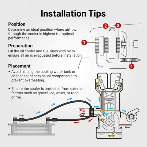 Installation diagram for Universal 30 Row Oil Cooler With 10AN Stacked Plate Design for engine cooling with airflow tips.
