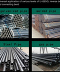 Four types of pipes: galvanized, welded, steel, and gas, used for bending with Hydraulic Tubing Bender Kit For Copper Pipes One Quarter To Seven Eighths Inch With Seven Dies Ideal For Refrigerator And Air Conditioner Repair Easy One Hand Operation.