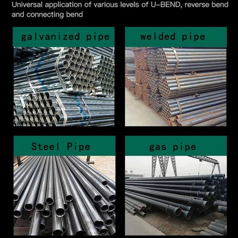 Four types of pipes: galvanized, welded, steel, and gas, used for bending with Hydraulic Tubing Bender Kit For Copper Pipes One Quarter To Seven Eighths Inch With Seven Dies Ideal For Refrigerator And Air Conditioner Repair Easy One Hand Operation.