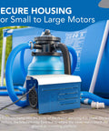 Universal Pool Pump Motor Cover With Adjustable Fit For 1/3 To 2 HP Motors on a motor, durable blue plastic, outdoor pool setup