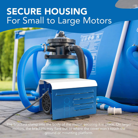 Universal Pool Pump Motor Cover With Adjustable Fit For 1/3 To 2 HP Motors on a motor, durable blue plastic, outdoor pool setup