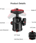 Universal Quarter Inch Swivel Mini Ball Head Tripod Mount With Hot Shoe Attachment, labeled parts, 360° panoramic rotating base.