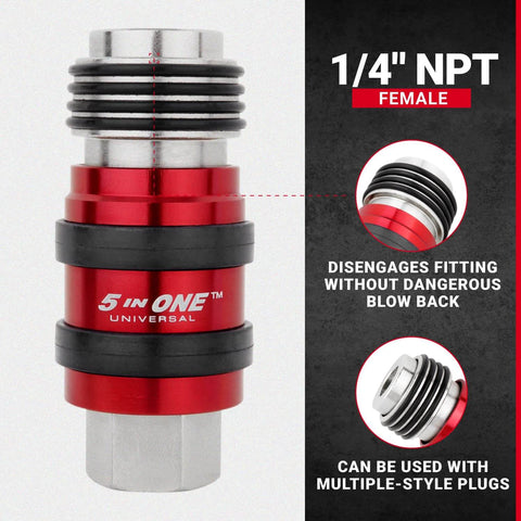 5 In One Universal Quick Connect Industrial Coupler Pro Grade For 1/4 Inch NPT, red, front view showing design and female connection