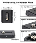 Universal quick release plate with 1/4 inch thumb screw, non-slip rubber mat, and 43mm x 38mm dimensions.