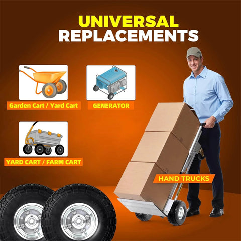 2 Pack 10 Inch Solid Rubber Tire Wheels, 4.10/3.50-4 Flat Free Replacement Tires with 5/8 Inch Bearings, suitable for hand trucks and carts