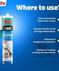 Gray RTV Silicone Caulk 2 Pack 100E Waterproof Sealant For Kitchen And Bathroom Including Shower Tub Toilet Sink Window And Door No Discoloration Permanently Flexible All Purpose Universal Gap Filler 10.1 Fl Oz Each in product packaging.
