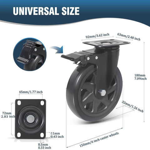6 Inch Heavy Duty Caster Wheels Set of 4 with Brakes rated 3000 lbs total, showcasing wheel size and dimensions for carts and furniture.