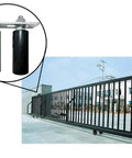 Universal Slide Gate Guide Roller 4 Inch Black L Rear Post Bracket With Adjustable Dual Nylon Rollers installed on sliding gate