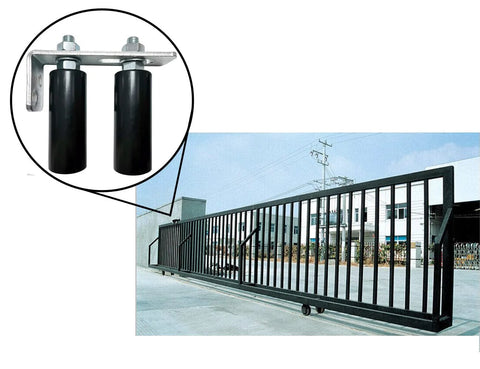 Universal Slide Gate Guide Roller 4 Inch Black L Rear Post Bracket With Adjustable Dual Nylon Rollers installed on sliding gate