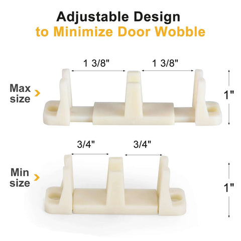 20 Pcs Sliding Closet Door Floor Guide For Bypass Doors Fits 3/4 To 1-3/8 Inch Thick Doors Universal Adjustable Sliding Door Hardware Durable Nylon Floor Guides For Cabinet And Closet Doors shown in max and min size adjustment with measurements.