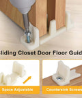 20 Pcs Sliding Closet Door Floor Guide For Bypass Doors Fits 3/4 To 1-3/8 Inch Thick Doors Universal Adjustable Sliding Door Hardware Durable Nylon Floor Guides For Cabinet And Closet Doors showing installed guide with adjustable space and countersink screws