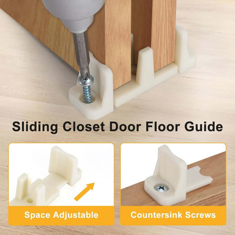 20 Pcs Sliding Closet Door Floor Guide For Bypass Doors Fits 3/4 To 1-3/8 Inch Thick Doors Universal Adjustable Sliding Door Hardware Durable Nylon Floor Guides For Cabinet And Closet Doors showing installed guide with adjustable space and countersink screws