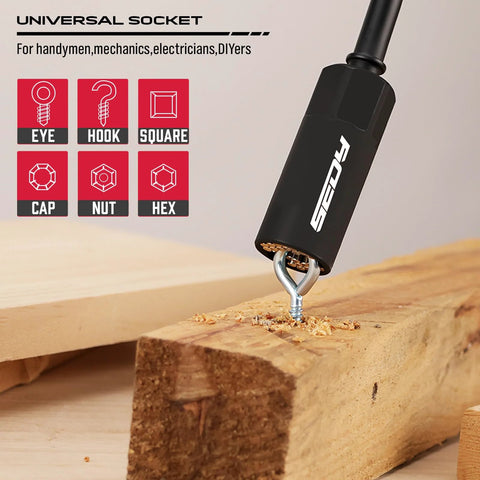 Universal socket from 80-Piece Premium Magnetic Impact Nut Driver Set Metric And SAE with wood and screws for heavy duty jobs.