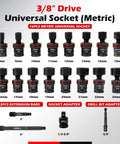 Three Eighths Inch Drive Universal Impact Socket Set, AKM TOOL, 20 Piece With 360 Degree Rotating Universal Joint, Swivel 6 Point Metric 8-22 Mm, Cr-Mo Steel, Includes Extension Bars, Socket Adapter, And Drill Bit Adapter.