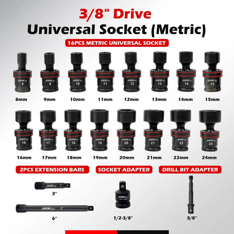Three Eighths Inch Drive Universal Impact Socket Set, AKM TOOL, 20 Piece With 360 Degree Rotating Universal Joint, Swivel 6 Point Metric 8-22 Mm, Cr-Mo Steel, Includes Extension Bars, Socket Adapter, And Drill Bit Adapter.