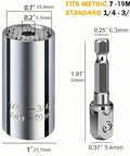 7-19mm Socket Wrench Set, Professional Multi-Functional Socket Kit For Power Drills, Quick-Change Drill Adapter shown with dimensions