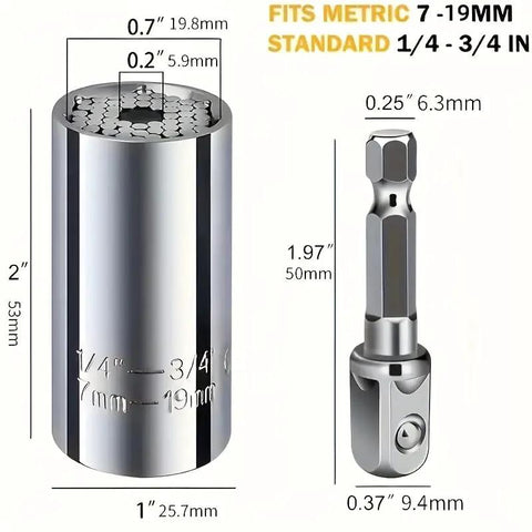 7-19mm Socket Wrench Set, Professional Multi-Functional Socket Kit For Power Drills, Quick-Change Drill Adapter shown with dimensions