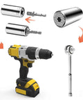 Universal Self Adjusting Socket Set Fits Standard One Quarter To Three Quarters Inch And Metric Seven Millimeter To Nineteen Millimeter For Wrench And Power Drill Multi Tool Adapters For DIY Handyman Gifts For Men Husband Dad Women with drill and wrench.