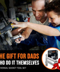 Father and son using must have universal socket wrench set with self adjusting gator grip 7 to 19mm for automotive repair