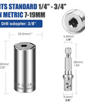 Universal socket wrench for drills, sizes 7 to 19mm, shown with drill adapter, labeled dimensions and fit details.