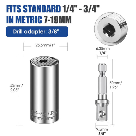 Universal socket wrench for drills, sizes 7 to 19mm, shown with drill adapter, labeled dimensions and fit details.