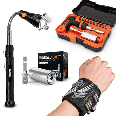 Must Have Universal Socket Wrench Set With Self Adjusting Gator Grip 7 To 19mm, 54 Spring Loaded Rods, Power Drill Adapter Included shown in box
