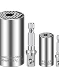 11 To 32mm And 7 To 19mm Auto Adjust Universal Socket Wrench Set For Drills All In One Multi Tool With Power Drill Adapters Ideal Gift For Men Dad Husband DIY Handyman 4 Pack chrome sockets and adapter set, front view.
