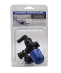 Universal Broadcast Sprayer Pressure Regulator With Quick Connect Bypass Port, black and blue setup in blister packaging.