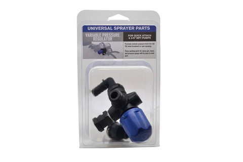Universal Broadcast Sprayer Pressure Regulator With Quick Connect Bypass Port, black and blue setup in blister packaging.