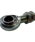 Close-up of universal 3/4 inch DD steering shaft support bearing heim joint for street rods and custom builds.