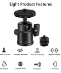 Universal Quarter Inch Swivel Mini Ball Head Tripod Mount With Hot Shoe Attachment showing features and rotating base.