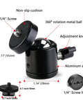 Diagram of Universal 1/4 Inch Swivel Mini Ball Head Mount With Hot Shoe Adapter showing dimensions 2.17'' height, metal ball, and adjustment knob.